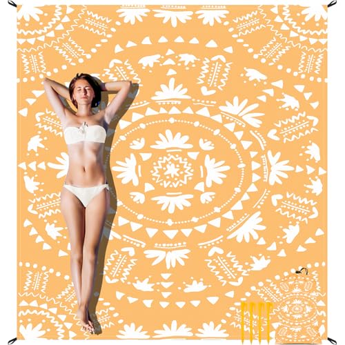 Sandproof Waterproof Beach Blanket, 78''×86'' Large Foldable Picnic Blankets for 1-4 Adults w/ 4 Stakes & 4 Pockets, Polyester Lightweight Sand Free Boho Outdoor Beach Mat for Camping, Hiking, Travel - color: Boho Honey, size: 6.5x7.2 FT (1～4 person)