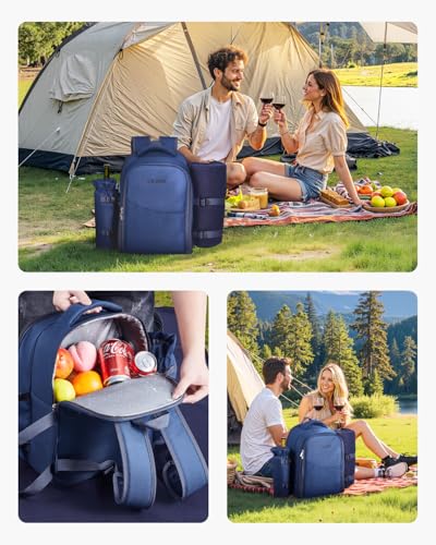VEVOR Picnic Backpack, Beach Picnic Backpack Bag for 2 Person with Insulated Cooler Compartment, Detachable Bottle/Wine Holder, Lightweight Blanket, Plates & Cutlery Set for Hiking, Camping, Navy Blue - size: single layer for 2 & blue