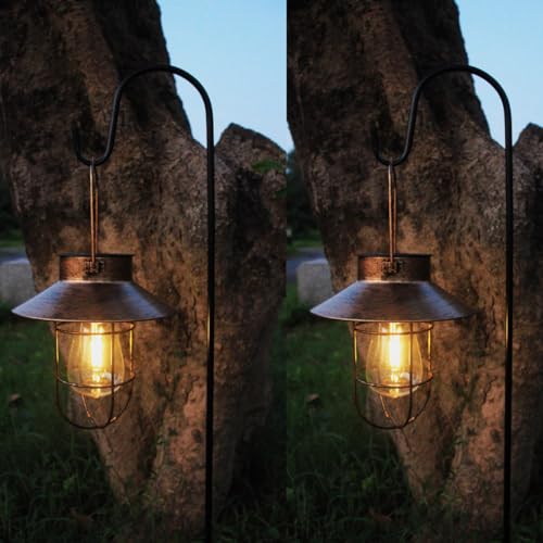 2 Pack Solar Lanterns, Outdoor Hanging Lights Metal with Shepherd Hook Warm White Edison Bulb Design for Garden and Birthday Gifts for Mom Grandma Wife ( Copper) - color: Copper