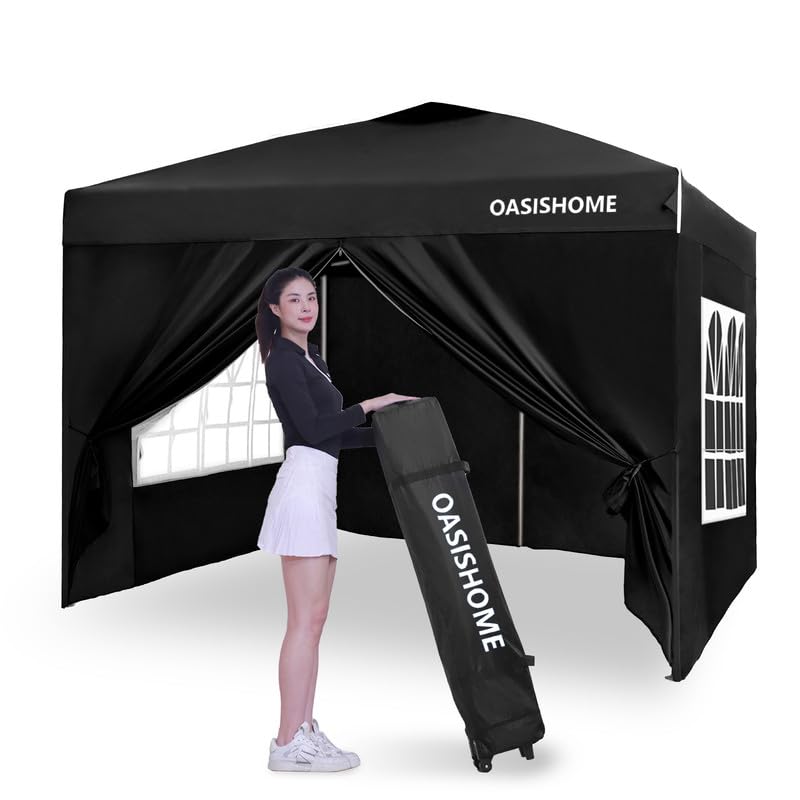 OASISHOME Pop-up Gazebo Instant Portable Canopy Tent 10'x10', with 4 Sidewalls, Windows, Wheeled Bag, for Patio/Outdoor/Wedding Parties and Events (10FTx10FT, Black) - color: Black