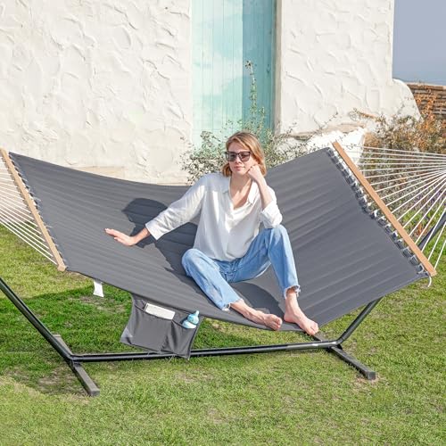 GAFETE Hammock 2 Person Quilted Fabric Hammocks for Outside, Double 12ft Hammocks with Spreader Bar, Large Removable Pillow, Storage Bag, Carabiners, Max 475 lbs Capacity (Dark Grey) - color: Dark Grey