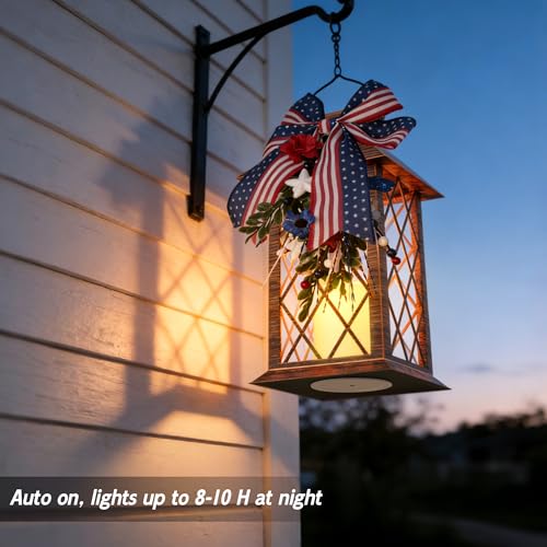 4th of July Solar Lanterns Outdoor Waterproof, Patriotic Hanging Lantern with Flickering LED Candle, 13" Independence Day Lanterns Decorations for Patio Porch Garden Yard Pathway, 1 Pack - size: Patriotic 1 Pack