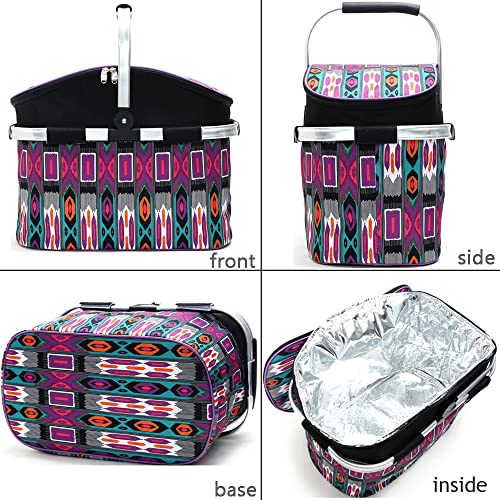 Insulated Picnic Basket 26L Portable Collapsible Market Leakproof Tote with Aluminum Handle for Camping, Shopping, Travel, Large Size (Purple) - color: Purple