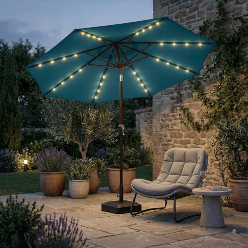 Kingdura 10FT Outdoor Patio Umbrella with Solar Lights, Market Table Umbrella with Push Button Tilt & Crank, 8 Sturdy Ribs, 32 LED Lights, UV Protection for Garden Lawn Deck Backyard Pool (Lake blue) - color: Lake blue-LED, size: 10 Ft