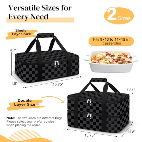 Coobiiya Insulated Casserole Carrier,Lasagna Lugger Tote Keeps Food Hot or Cold,Thermal Lunch Bag Warmer & Cooler Carrier Bag,Portable Tote Bag Fits 9" x 13" Baking Dish for Picnic and Cookout - color: Black Grid, size: Double Layer: 15.75 × 11.8 × 7.87 i