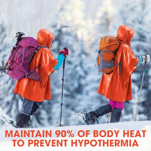 Tellegloww Emergency Ponchos with Polyester Film Blanket Liner Waterproof Windproof Thermal Survival Blanket Rain Ponchos - color: Orange