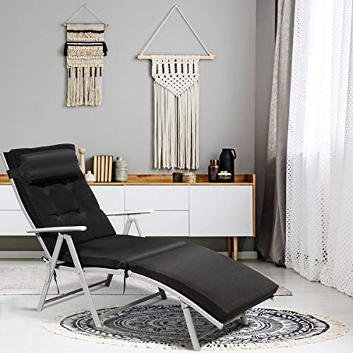 Tangkula Outdoor Folding Chaise Lounge Chair, Lightweight Recliner Chair w/ 7 Adjustable Backrest Positions, Patio Reclining Beach w/Removable Cushion & Pillow for Patio Poolside No Assembly Required - color: Balck