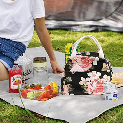 EurCross Floral Lunch Bag Classic for Women Girls, High Grade Cotton Canvas Insulated Lunch Box Bag Hold Bento Box or Round, Square and Uniquely Shaped Lunch Containers, Small Light Weight for Carry - color: Floral