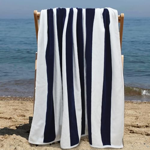 COTTON CRAFT Oversized Beach Towels - Set of 2 - XXL 35x84 The Big Kahuna 7 Foot Extra Large Beach Blanket Towel - Big & Tall - Huge 100% Cotton Velour Soft Luxury Pool Bath Towel - Cabana Stripe Navy - color: Cabana Stripe - Navy, size: 2 Pack - 35x84