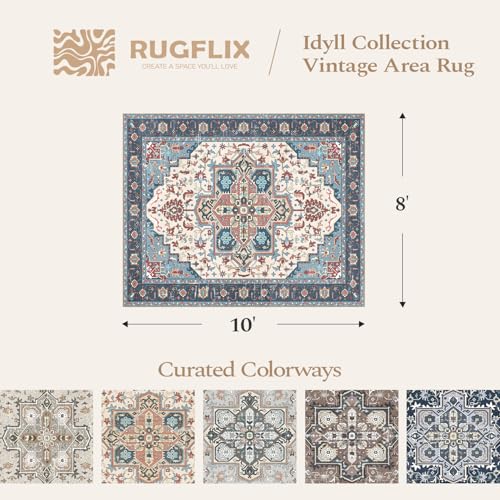 Rugflix 8x10 Area Rugs for Living Room, Washable Rug, Soft Low Pile Carpet, Non-Slip, Stain Resistant, Vintage Area Rug, Blue Orange Rug for Bedroom, Dining Room, Home Office - color: Blue Orange, size: 8' x 10' (Rectangular)