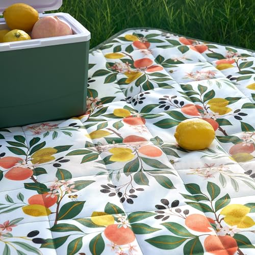 Weatherproof Vintage Waterproof Outdoor Blanket- Green Roll Up Throw Blanket with Handle, Velcro Closure - Camping Supplies, Travel Blanket for Beach, Picnic & Events, 60"x72" (Lemon Grove)