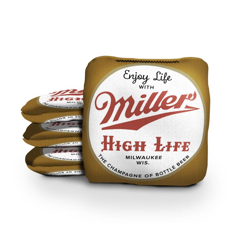 Slick Woody's Official Brand Beer + American Flag Cornhole Bags – Resin-Filled Tournament Performance with Dual Sided Professional Use Fabric- Set of 4 - color: Miller High Life Gold