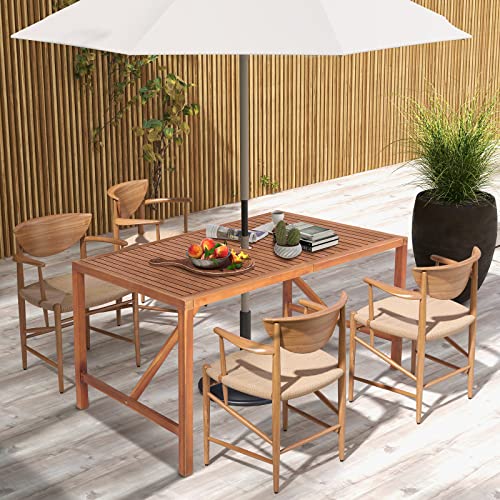Tangkula 55" Acacia Wood Outdoor Dining Table for 4-6 Person, Rectangular Patio Dining Table with 2" Umbrella Hole and Support Bars, Indoor Outdoor Dining Furniture for Deck, Garden, Poolside & Yard - size: 55"