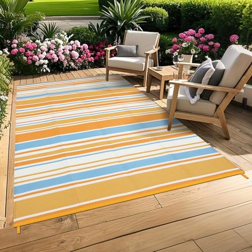 GarveeHome Outdoor Rug 8x10 Colorful Geometric Lines Plastic Straw Indoor Outdoor Rugs Striped Reversible Patio Outdoor Rug Portable Outside Carpet for Trailer RV Beach Pool, Orange Yellow Blue White - color: Geometric Stripes| Orange Yellow Blue White, s
