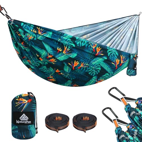 NATUREFUN Ultra-Light Travel Camping Hammock | 300kg Load Capacity,Breathable,Quick-Drying | 2 x Premium Carabiners,2 x Nylon Slings Included | Outdoor Indoor Garden - color: Tropical Plant, size: 275x140cm
