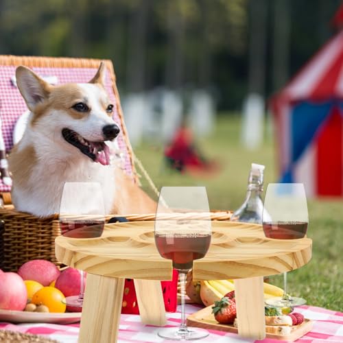 Gadpiparty Portable Folding Outdoor Wine Table with Wooden Beverage Holder for Beach Picnic and Travel, Compact Picnic Table with Wine Glass Rack for Patio and Lawn Use