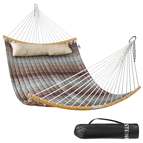 Double Hammock, 11 FT Quilted Fabric 2 Person Hammock for Outside with Pillow, Folding Curved Spreader Bar, Chains, Carrying Bag, Indoor Outdoor, 450 IB Capacity, Aqua Green - color: Aqua Green