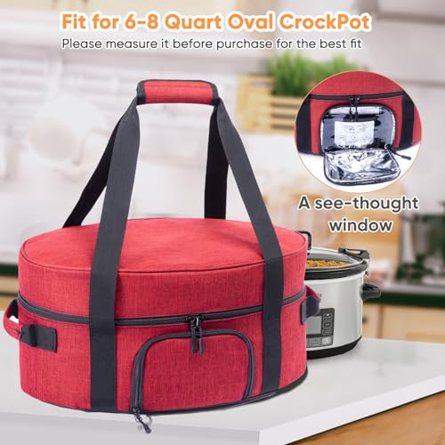 Insulated Slow Cooker Carrying Bag for 6-8 Quart CrockPot and Hamilton Beach Slow Cooker with See-thought Window, Portable Carrier Case with Adjustable Band and Accessory Pocket - color: Red
