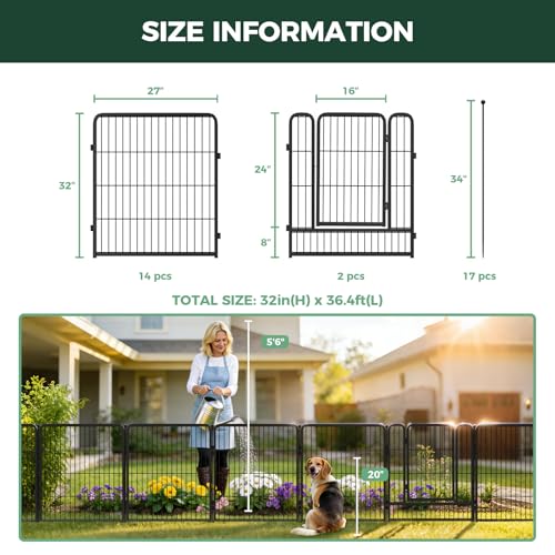 FXW Garden Fence Outdoor for the Yard – 32in(H) x 36.4ft(L) Heavy Duty Metal Animal Barrier for Dog, No Dig Decorative Dog Fence, 16 Panels, Black - color: Black, size: 32"H