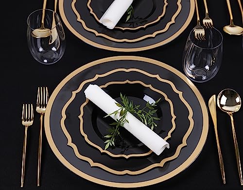 PLASTICPRO 32 Pack Elegant Disposable Plastic Plates Combo Set Includes 16 Dinner Plates and 16 Salad Plates Heavy Duty Fancy Party Plates Black & Gold Contemporary Design - color: Black & Gold Contemporary