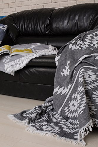 Bersuse 100% Cotton Teotihuacan XL Throw Blanket Turkish Towel Beach Blanket - Beach Camping Essentials - 75x90 Inches, Black - color: Black