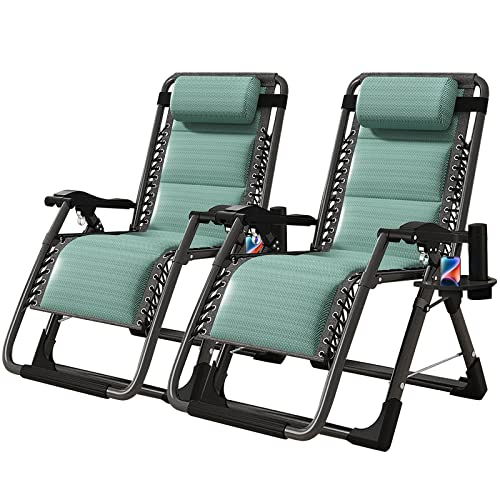 NAIZEA Padded Zero Gravity Chair, Cooling Fabric Folding Outdoor Lounge Chairs, Adjustable Reclining Camping Chairs with Cup Holder, Ergonomic Patio Lawn Chair for Balcony Beach Deck Yard - color: Ice Silk Green, style: Zero Gravity Chair 2 Pack