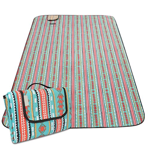 Hi Space Picnic Outdoor Blankets Waterproof Foldable Picnic Mat Sandproof Extra Large Beach Blankets for Grass Lawn Park Camping Family Concert, Vintage Blue Argyle, 80"x60" - color: Blue-vintage Argyle