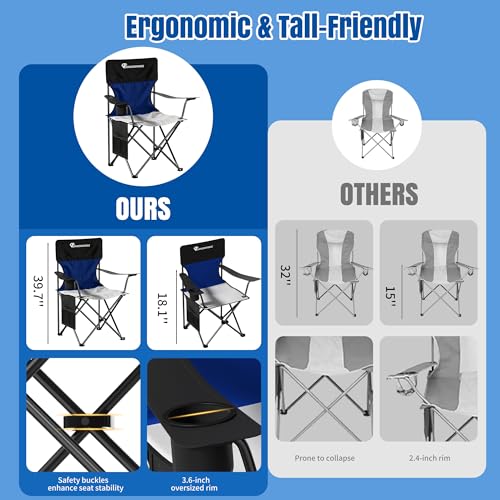 Oversized Camping Chairs, 500 LBS Capacity Folding Chair, High Back Camping Chair for Adult, Portable Outdoor Camping Chair with Wide Cup Holder and Side Pocket for Hiking Fishing Sports(Black Blue) - color: 500lbs Black Blue, size: Oversized
