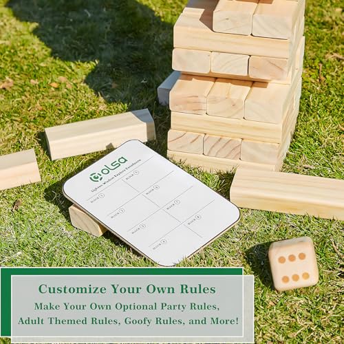 Olsa Giant Tumble Tower 60 PCS Wooden Block Stacking Games with Carrying Bag Classic Indoor & Outdoor Games for Adults Family Backyard Lawn Beach Camping (Stack from 2.2 Ft to 5Ft) - style: L-Up to 5FT