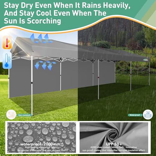 COBIZI Carport 10x30 Pop Up Canopy Car Tent with One Push Center Lock, Outdoor Portable Garage Tents for Parties UPF50+ Waterproof All-Season Car Canopy with Wheeled Bag,3 Sidewalls, Adjustable Height - color: Gray, size: 10x30 FT