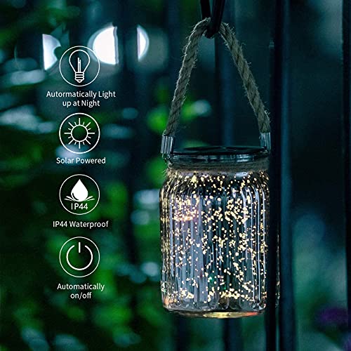Hanging Solar Lantern Outdoor,Solar Lights Mercury Mason Jar Glass Hanging Lights with 20 LED Waterproof for Tree, Table, Yard, Garden, Patio, Holiday Party Outdoor Decor,2 Pack - style: Warm light