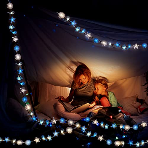 Zhanmai 2 Pcs Ocean Decor String Lights for Bedroom Nautical Theme Seashell Seahorse Conch 10ft 30 LED Battery Operated String Lights for Xmas Tree Ornaments Birthday Holiday Party Decor - style: Ocean Style