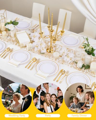 GATHER 700PCS Gold Plastic Plates - Whtie and Gold Disposable Dinnerware Sets 100Guest - 200 Disposable Plate, 300 Plastic Silverware, 100 Cups, 100 Napkins for Wedding & Party - color: Gold, size: 100 Guests