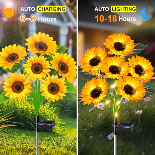 Sunflower Solar Lights Outdoor Decor, 6 Pack Solar Garden Decor Waterproof Solar Sunflower Outdoor Lights for Garden Patio,Flower Bed, Pathway, Gift for Women, Mom, Grandma (6 Pack) - style: Sunflower-6 Pack