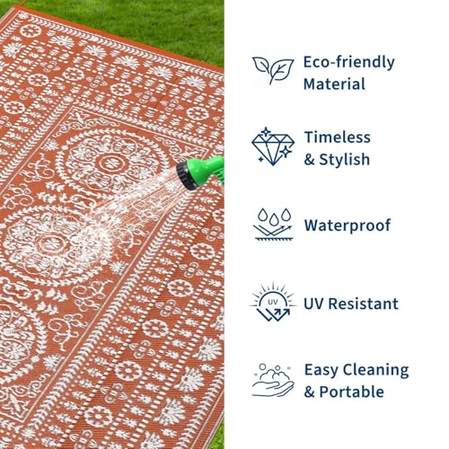 Garvee Reversible Outdoor Rug 8x10 for Patio, Waterproof Outdoor Area Rug, Modern Medallion Indoor Outdoor Rugs, Plastic Straw Rug for RV, Camping, Deck, Vintage Terracotta - color: Terracotta & White, size: 8' x 10' (Rectangular)