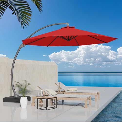 Kingdura 11ft Offset Cantilever Patio Umbrella with Base Included, Large Round Aluminum Outdoor Umbrella, 360° Rotation & Infinite Tilt, Heavy Duty Frame for Deck Pool Backyard, Red - color: Red, size: 11 FT