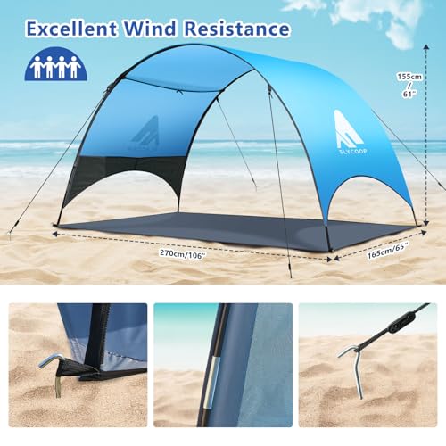 Beach Tent - Beach Shade Canopy Compact Fold (16.9x3.9″), Own Patent, 360° Ventilation, Large Side Storage Pocket, UV Protection Portable Sun Shelter for Beach (Blue, 106 * 65 * 61″) - size: 106*65*61″ without sail