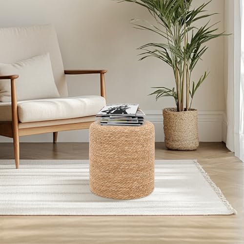 16'' Round Ottoman Natural Seagrass Braided Poof Hand Weaving Round Ottomans Boho Footrest Stool for Home Living Room Bedroom Patio(Natural) - color: Natural