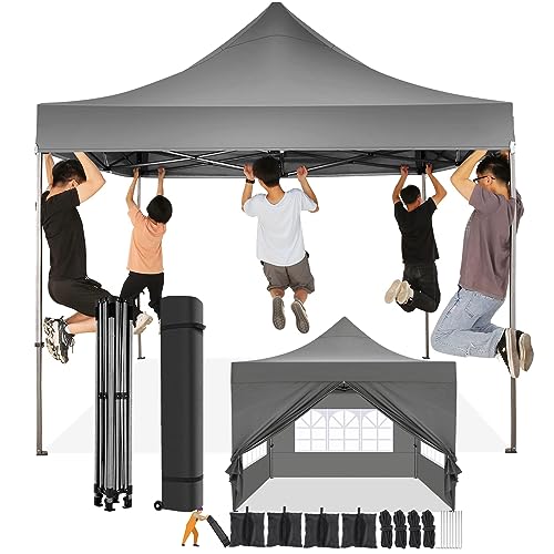 COBIZI 10x10 Pop Up Canopy Tent 10x10 Canopy with 4 Sidewalls Waterproof Heavy Duty Commercial Canopy Tent for Parties Outdoor Garden Gazebo, Carry Bag with Wheel(10x10ft, Gray) - color: Gray, size: 10X10FT 4 Sidewalls
