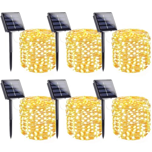 6-Pack Solar String Lights Outdoor, Extra-Long 600LED Solar Fairy Lights Waterproof, Solar Powered Twinkle Lights Copper Wire 8 Modes Solar Lights for Xmas Tree Garden Party Wedding (Warm White) - color: Warm White, size: 6 Pack-600LED