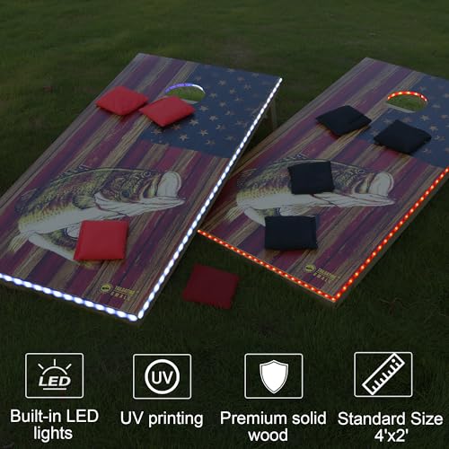LED Cornhole Board Set 4FTx2FT Solid Wood Regulation Size Cornhole Set with LED Lights Includes 8 Cornhole Bags for Adults (USA Flag & Fish, 4'x2')