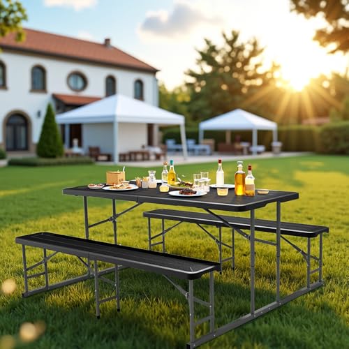 VINGLI Folding Picnic Table and Bench Set, Portable Outdoor Dining Furniture for Camping, Patio, Backyard, Wood Grain Plastic Top with Metal Frame (Black) - color: Black, style: Standard