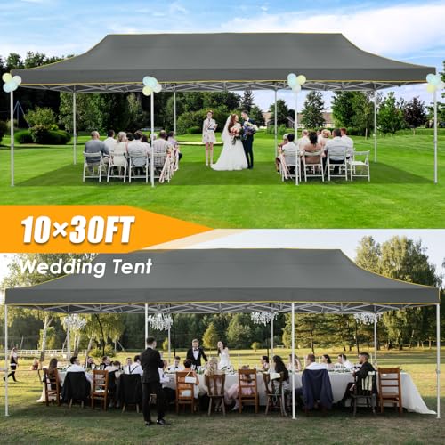 HOTEEL 10x30 Heavy Duty Pop Up Canopy Tent for Parties Event Wedding Commercial Instant Canopy with Wheeled Bag, Party Tent Waterproof UV 50+&Windproof, Upgraded Thick Hexagonal Legs, Gray - color: Gray, size: 10x30FT (No Walls)