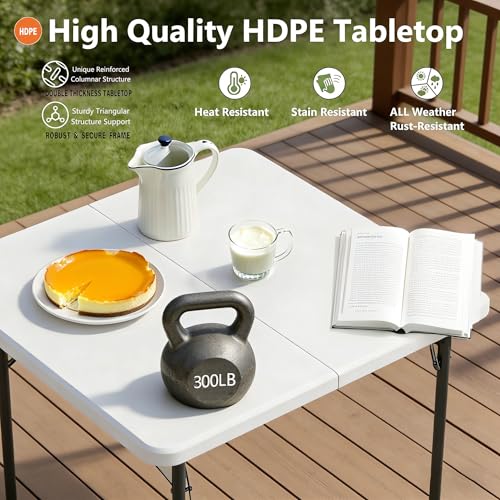 34 In Square Folding Card Table,Heavy Duty Plastic Foldable Table with Built-in Carry Handle&Steel Legs,Portable Indoor Outdoor Utility Table for Dining,Party,GameNight, Camping,Picnic,White