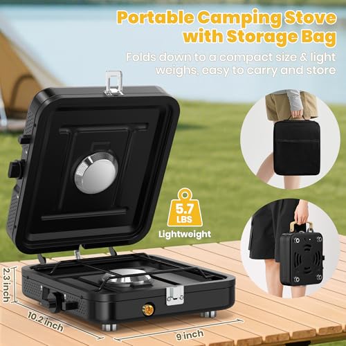 2 Burner Camping Propane Stove, Portable Folding Propane Stove with Carrying Bag, Adjustable High Heat Burners & Piezo Push-Button Instant Ignition, Outdoor Tailgating, Backyard BBQ Camping Essentials