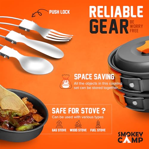 Smokey Camp Camping Cookware Mess Kit Set with Stove - Backpacking Camping Pots and Pans Set, All in One Non-Stick Camping Cooking Set, Portable Stove, Hiking, Picnic, Outdoor & Camping Cookware Set - style: 1.2 Liter Pot