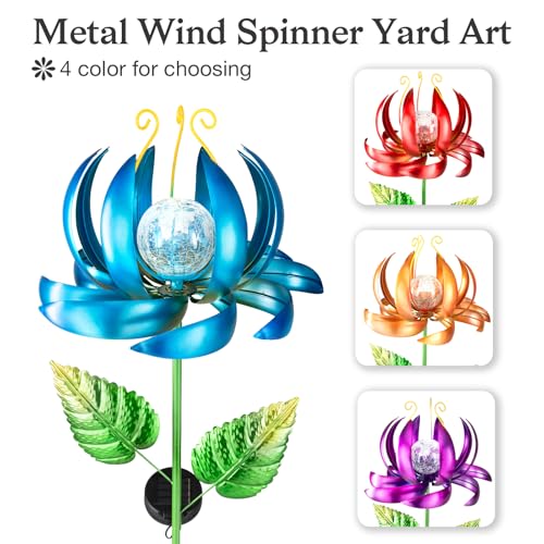 Solar Yard Lights Wind Spinners- Metal Lotus Flower Garden Decor LED Crackle Glass Globe Yard Art Sculpture Solar Stake Lights for Patio Pathway Lawn Walkway (Blue-Large) - color: Blue-large