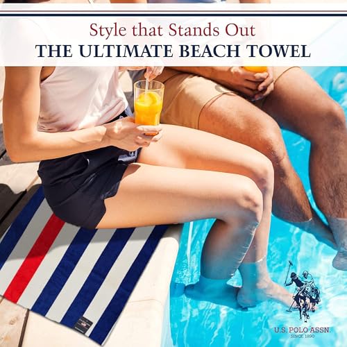 U.S. Polo Assn. Oversized (40” x 70”) Striped Nautical Design Beach Towel - Luxury Plush Cotton Hotel Quality for Bath, Pool - Cabana Stripe Navy/Red - color: Cabana Stripe Navy/Red, size: 40" x 70"