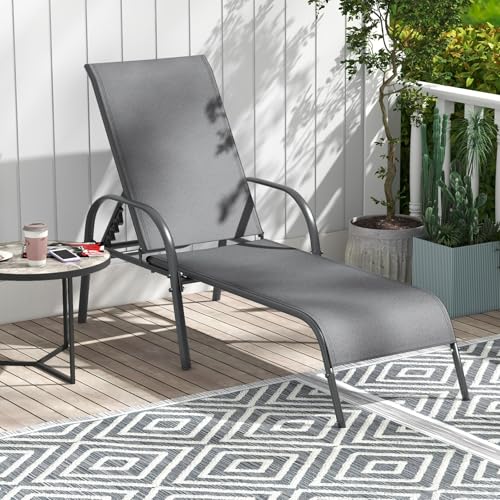 Giantex Patio Lounge Chair, Outdoor Chaise Lounge with 5 Adjustable Backrest, Sturdy Steel Frame, Sunbathing Recliner, Tanning Chair for Beach, Outside, Yard, Balcony, Pool Chairs (1,Dark Gray) - color: Dark Gray