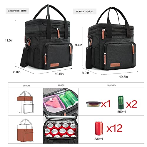 MOV COMPRA Lunch Bags for Men Women, Black Adult Lunch Box for Work, Expandable Leakproof Double Deck Lunch Box Cooler Tote Bag with Removable Shoulder Strap（Black） - color: Black
